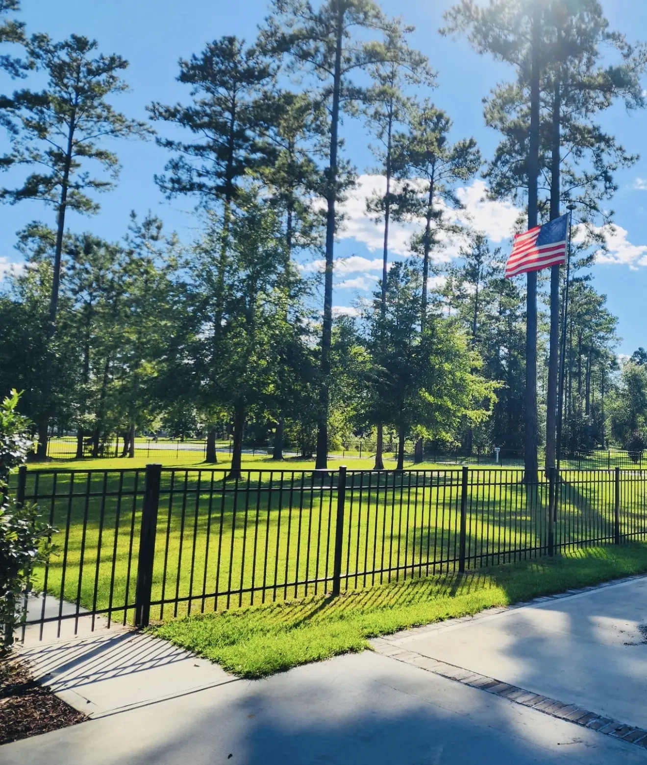 Black residential aluminum fence across a landscaped yard with an American flag