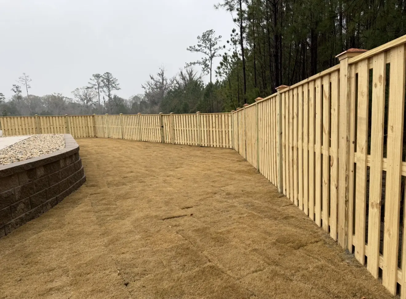 Pressure-treated cap-and-trim fence enclosing a newly landscaped backyard