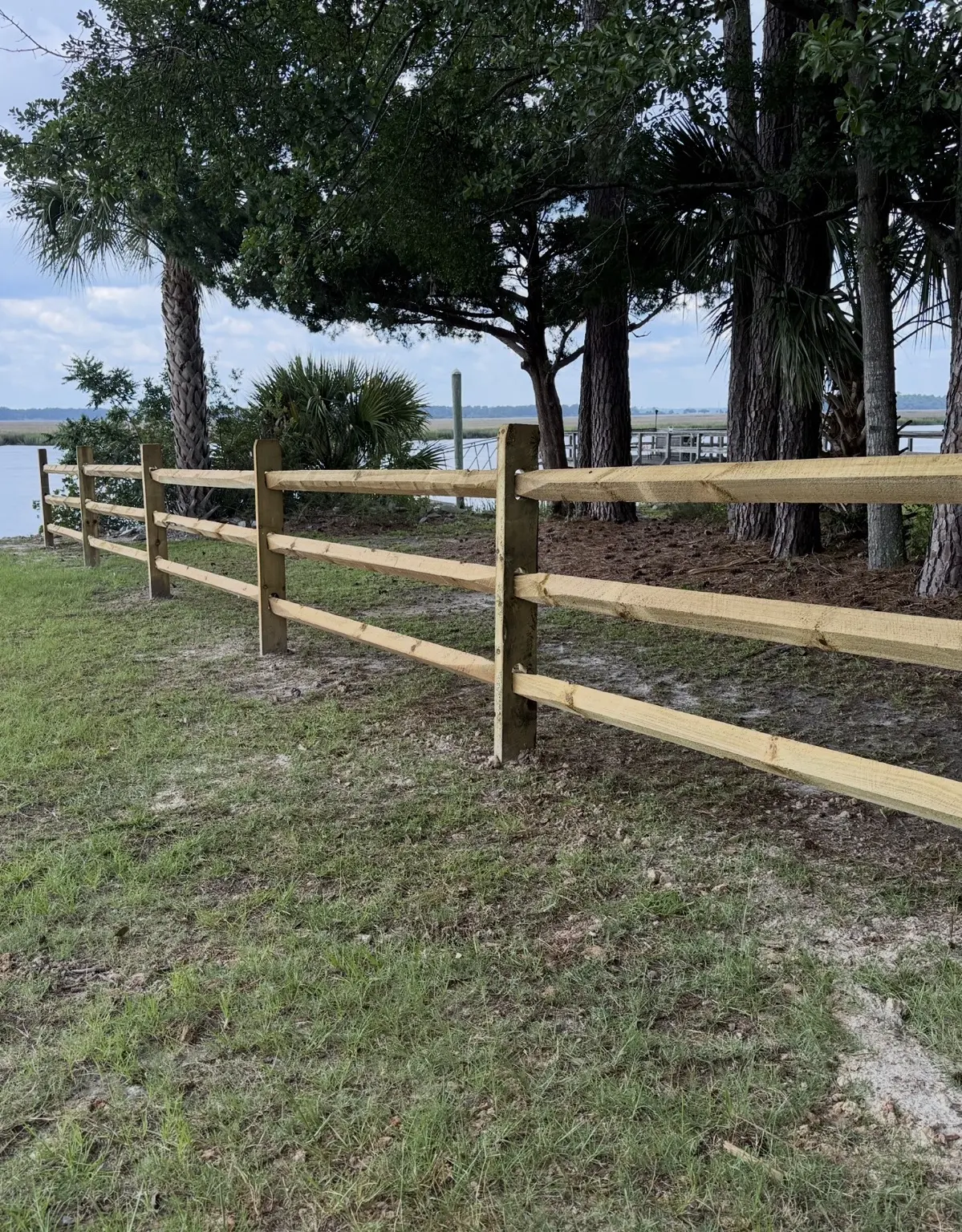 Three-rail split-rail fence curving around large trees near a residential entrance